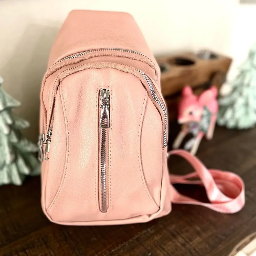 PINK FAUX LEATHER SMALL SLING BACKPACK NWT